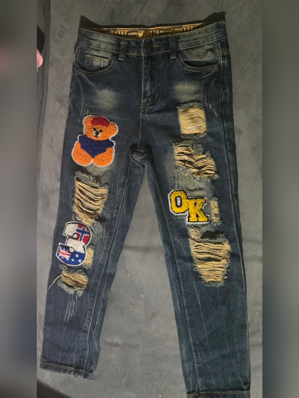 Dark Blue Distressed Kids Jeans with Teddy & Patch Accents